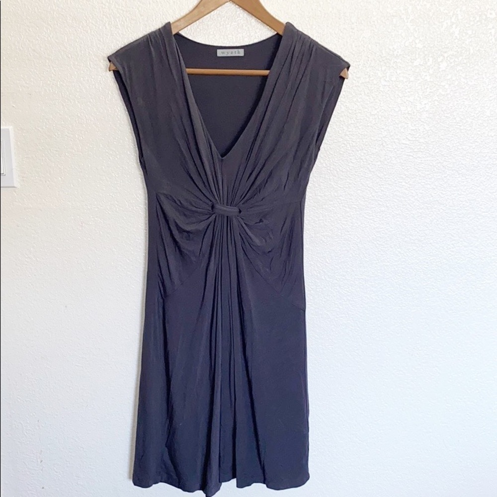 Wyeth Gray V Neck Knot Gathered Front Mini Dress